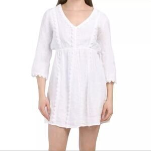 Valentina Naldi Dress Sz L‎ White 100% Linen Boho Cottagecore Floral Crochet